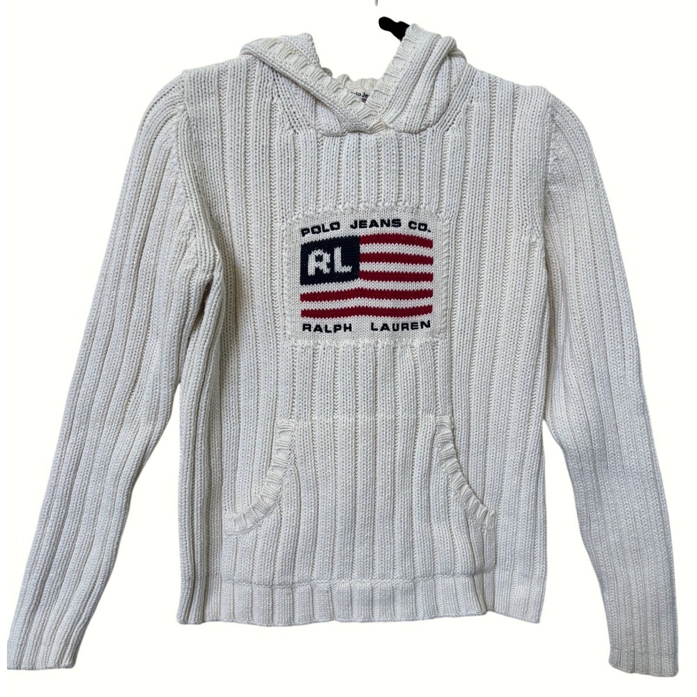 Polo Jeans Co Ralph Lauren Women Cream Ribbed Knit American Flag Hoodie Sweater